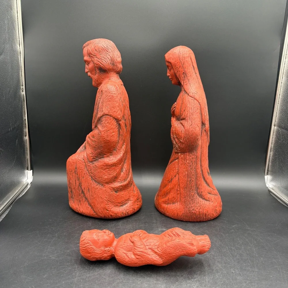 Empire Nativity Set Blow Mold Red 3pc Vtg Terracotta Faux Wood Grain Christmas